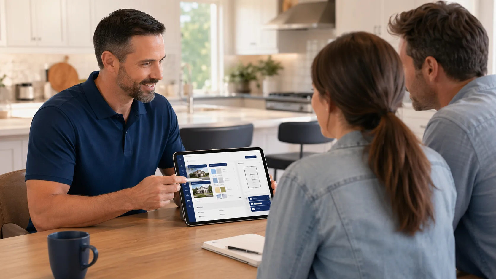AI-assisted sales appointment tablet with proposal, measurement, and finance review panels