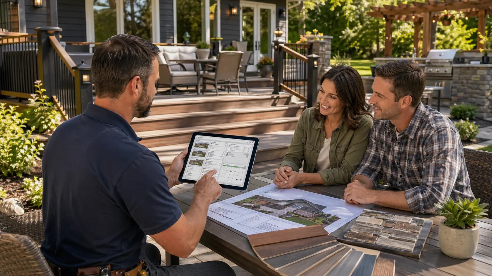 Outdoor living contractor reviewing deck and patio project workflow on a tablet