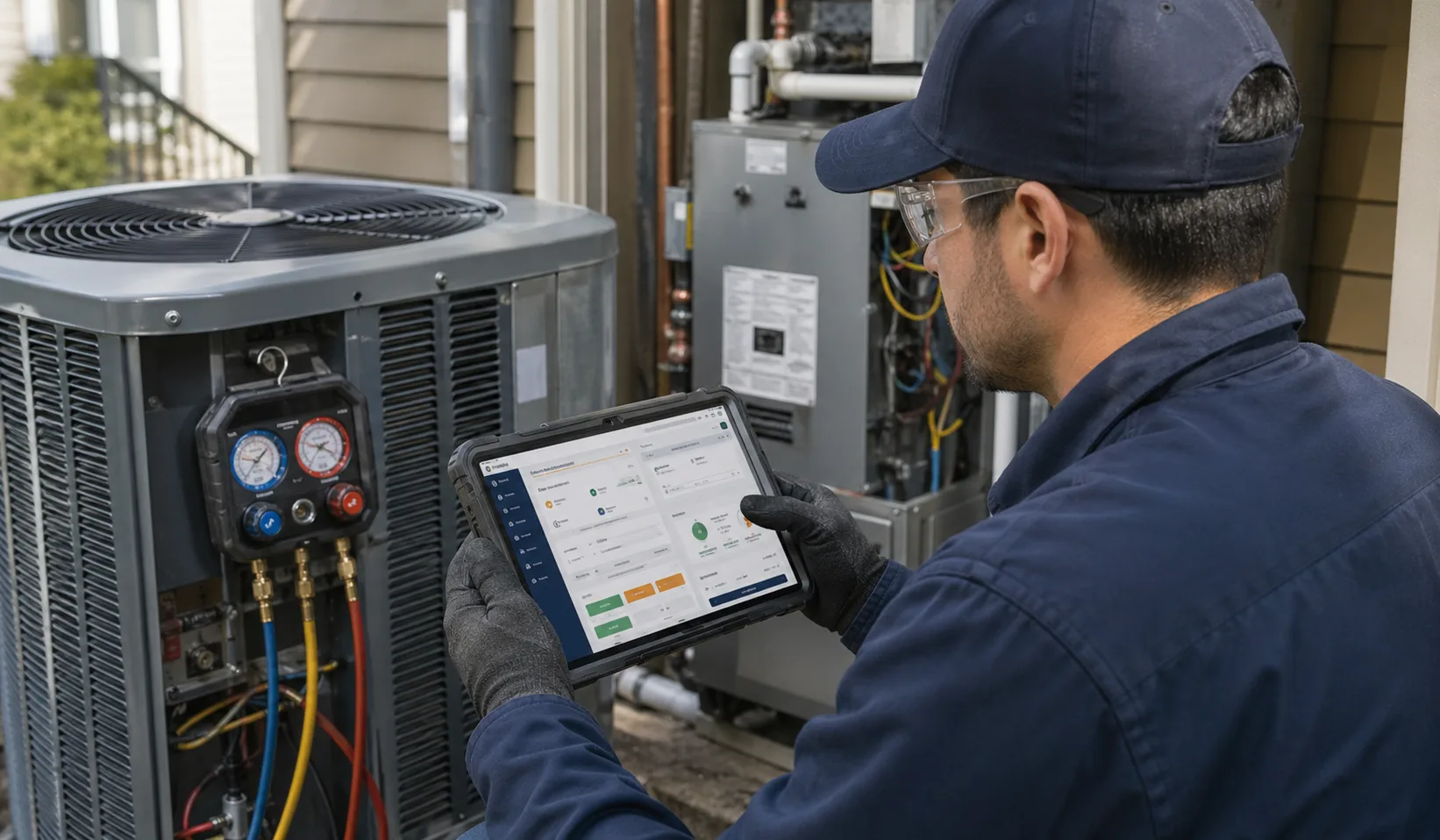 HVAC technician using a tablet near residential equipment