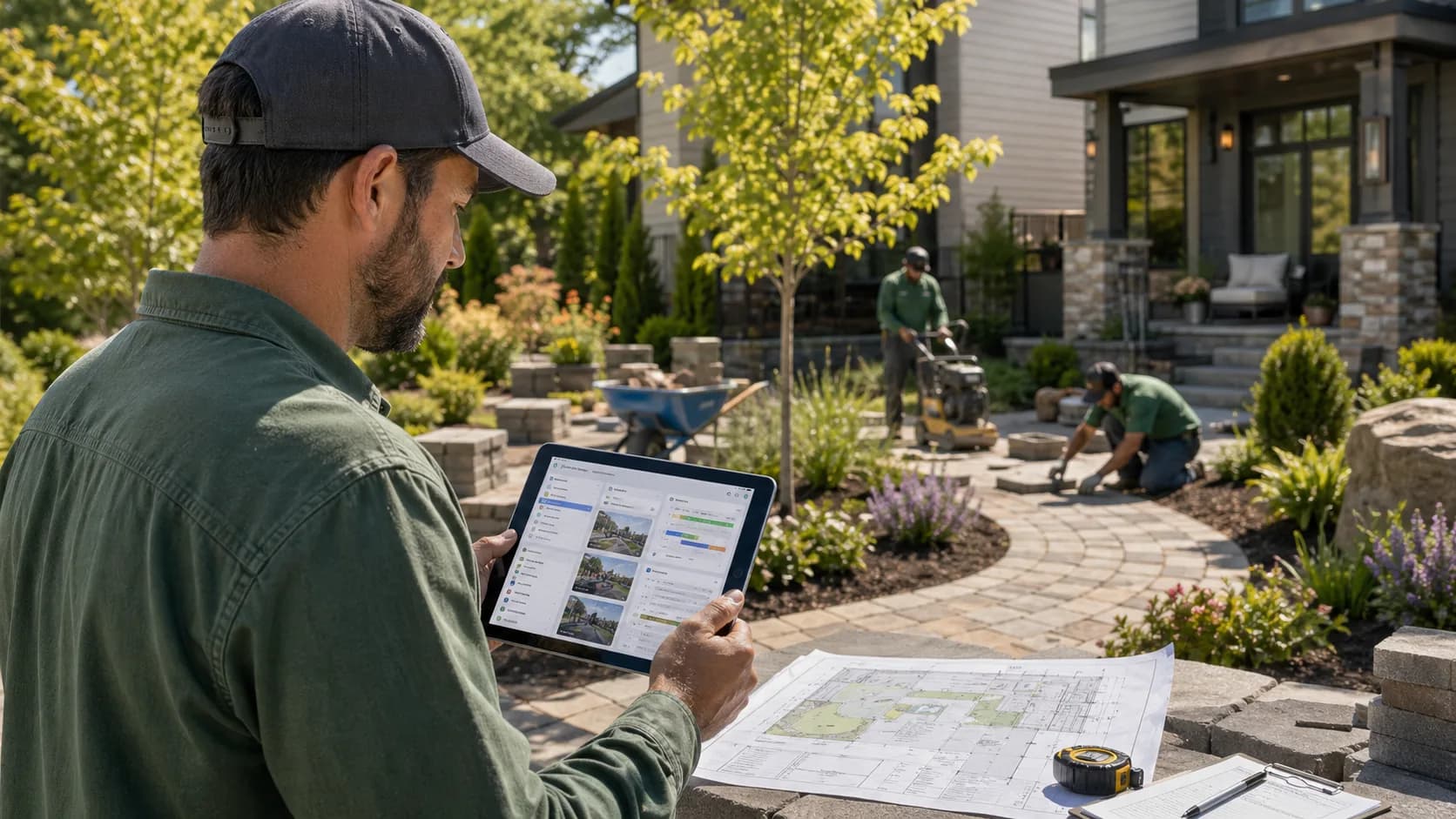 Landscaping and hardscaping contractor reviewing outdoor project dashboard on a tablet