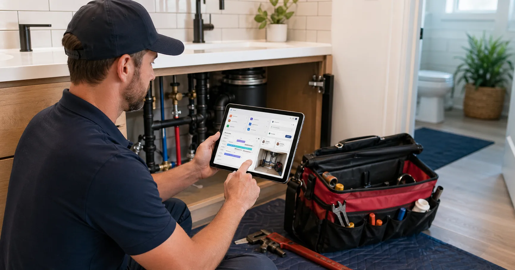 Plumbing technician using a tablet in a clean residential service area