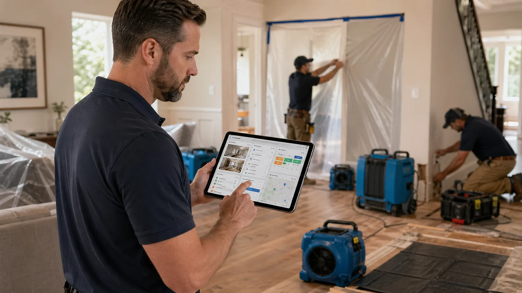 Restoration and repair service team using a tablet to manage a home repair workflow