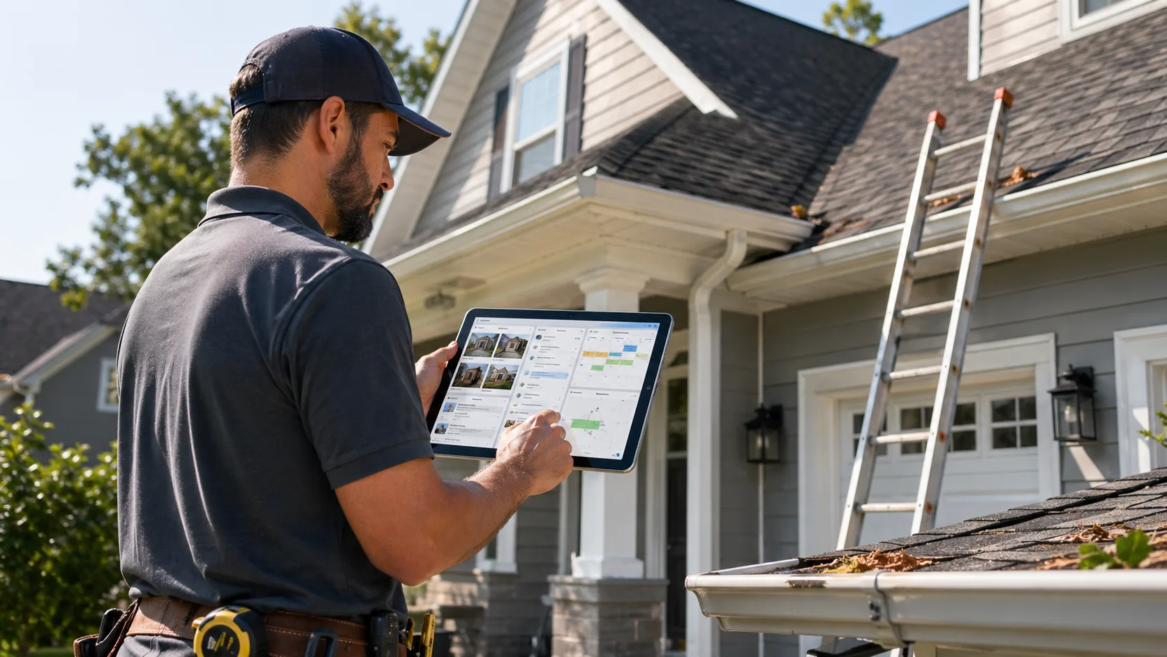 Roofing and gutter contractor using a tablet near a residential roofline